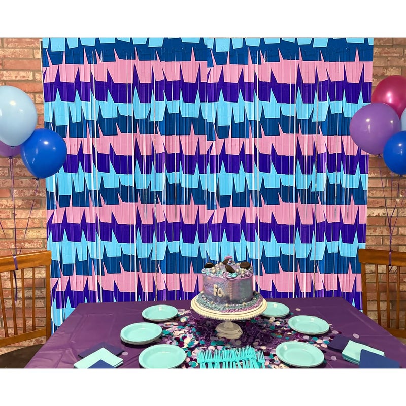 partyzoa Video Game Foil Fringe Curtains Backdrop Birthday Party Decorations, 2 Pack 3.28 x 6.56 Ft Purple Blue Pink Tinsel Streamer Photo Booth Props for Boys Gaming Baby Shower Party Decor Supplies Favors - Image 3